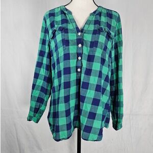 Old Navy Large Green Navy Buffalo Plaid Flannel Popover Roll Tab Shirt‎